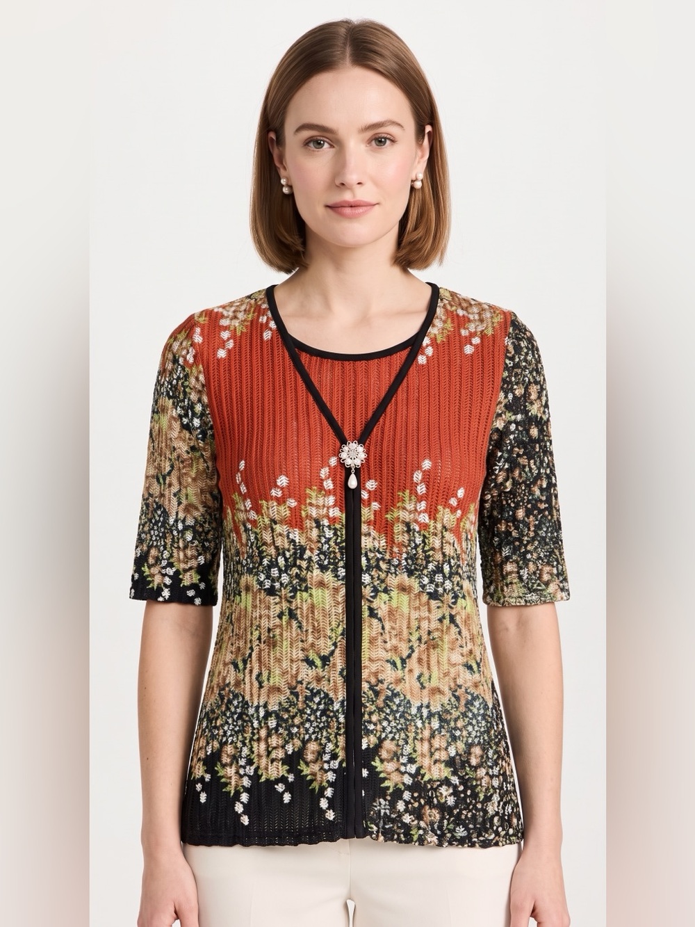 Floral Knit Short-Sleeve Top with Decorative Pendant - Rust